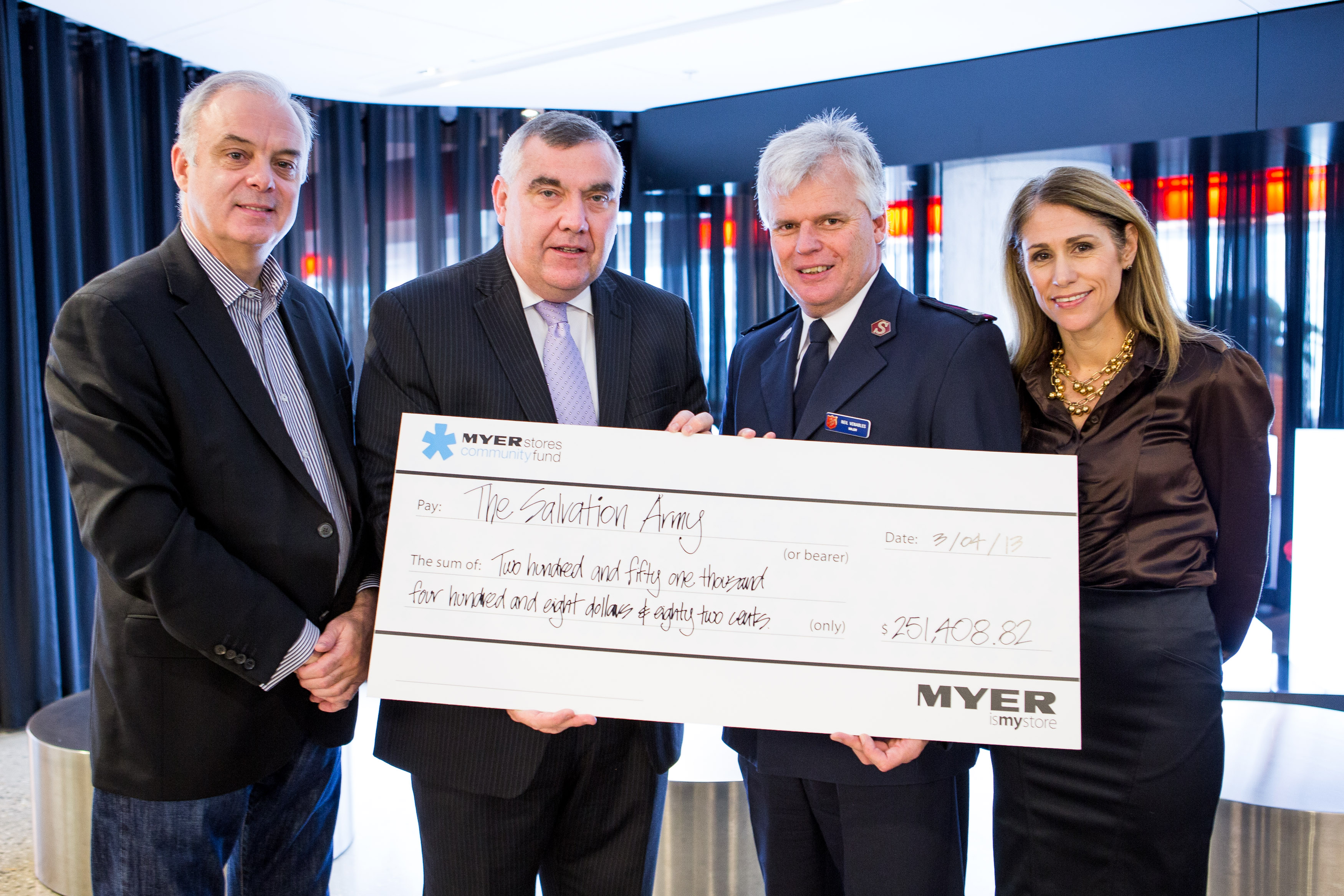 Picture from left to right: Mr John Hawker, Board Member of the Myer Community Fund; Mr Bernie Brookes, CEO of Myer, Major Neil Venables, Territorial Communications & Fundraising Secretary for TSA; Ms Megan Foster, General Manager for Marketing