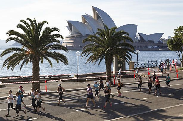 Female half marathon runners running along Sydney harbour